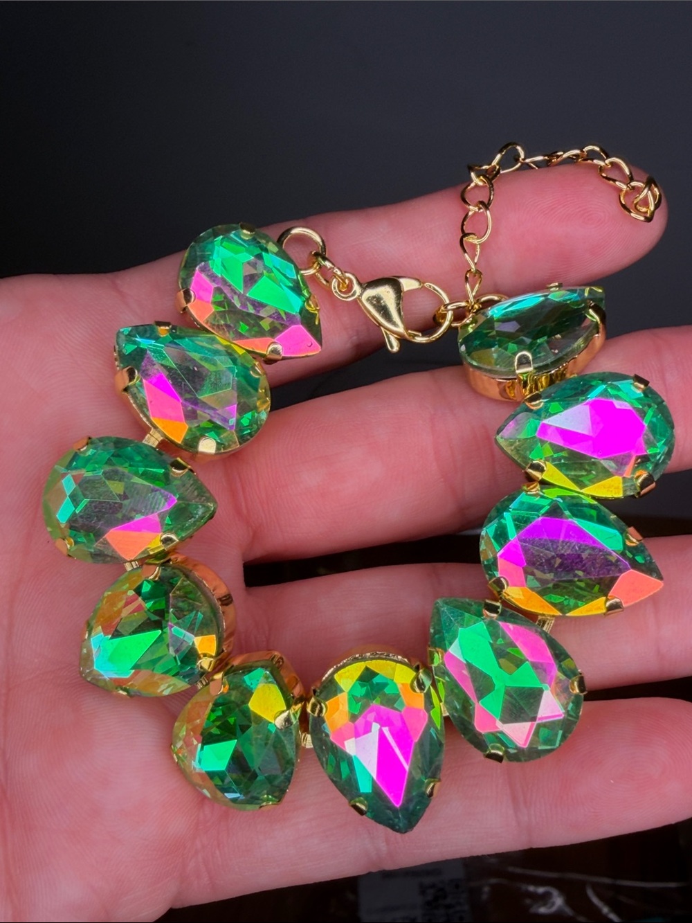 AB Teardrop Green Aurora Crystal Bracelet Adjustable